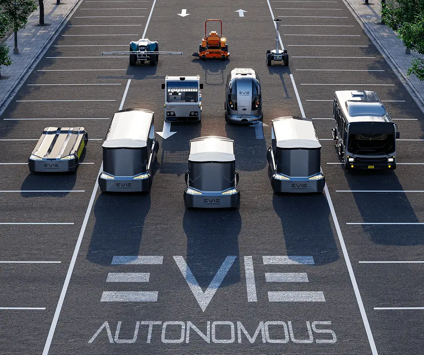 EVIE autonomous vehicles of every kind on a marked road