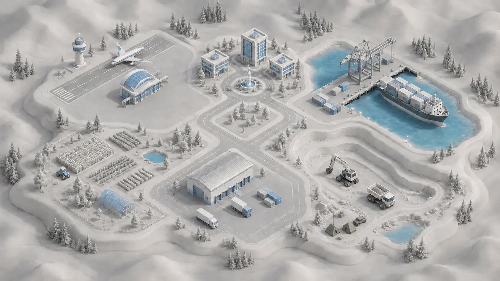 Isometric map of an autonomous site — airport, port, transit, logistics, farming and mining zones