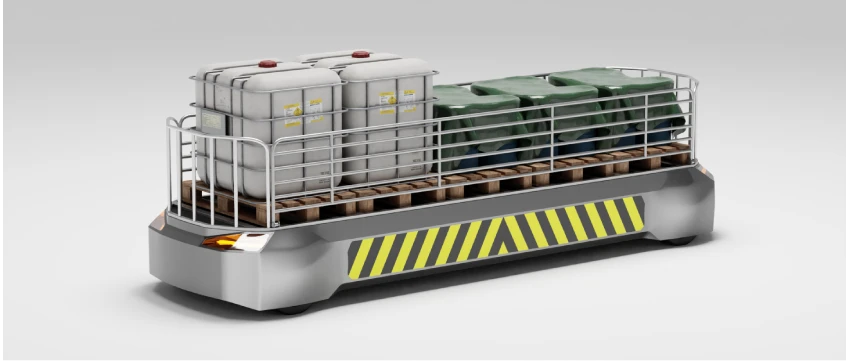 A low autonomous logistics platform carrying palletised tanks and containers