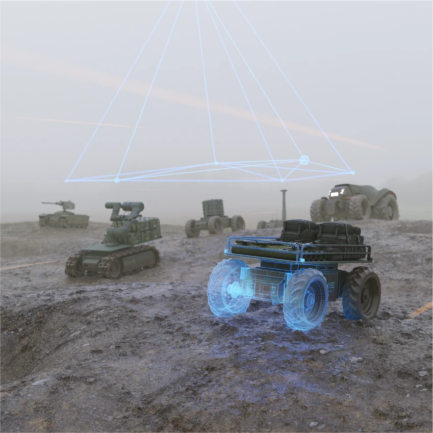 Uncrewed ground vehicles working across open terrain, one highlighted to show its autonomy system