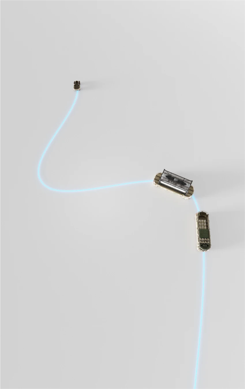 Two vehicles seen from above, linked by the path a following machine takes behind its leader
