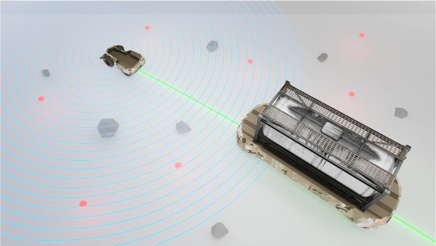 A lead vehicle and the harvester following it, sensor coverage and detected obstacles drawn around both