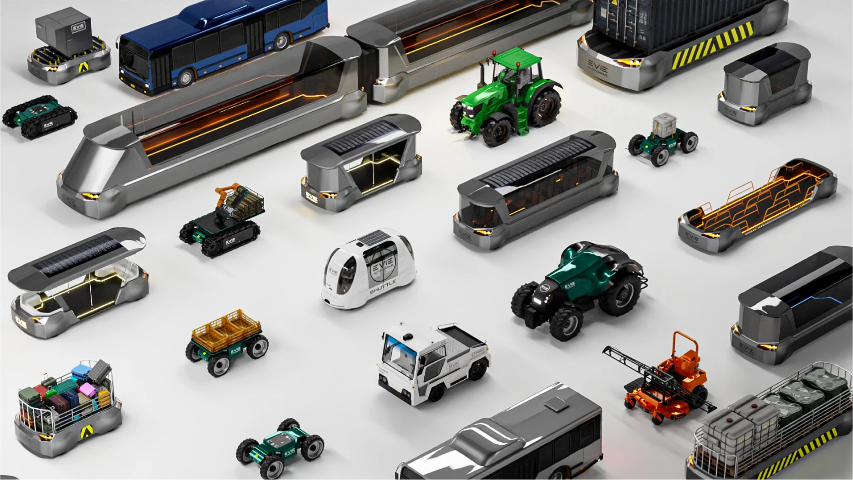 The full EVIE range assembled — shuttles, tractors, pods, tugs and logistics platforms