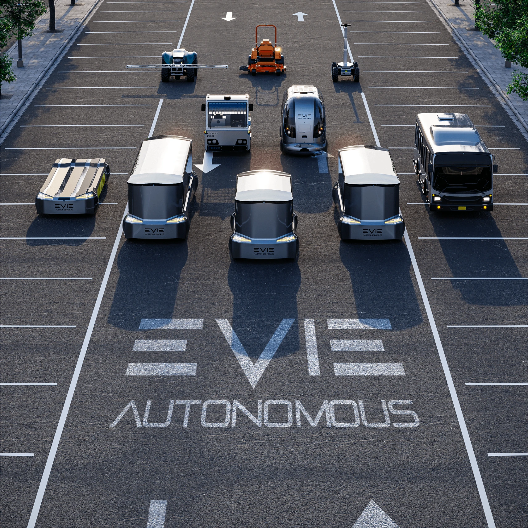 Autonomous vehicles of every type moving along a road marked EVIE Autonomous
