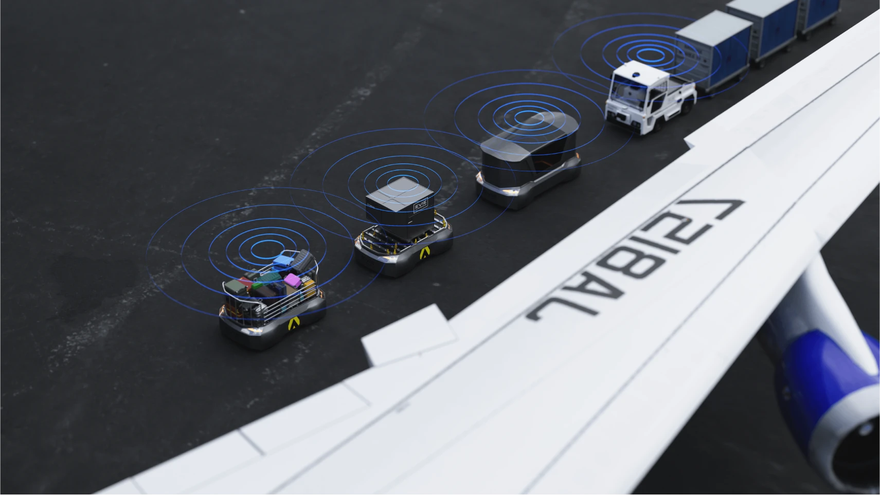 Autonomous ground-support vehicles working around an aircraft on the apron, their sensor fields shown as arcs