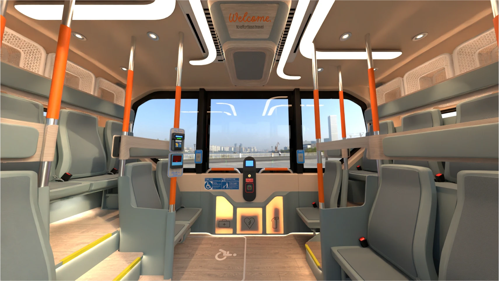 Inside an autonomous shuttle: bench seating, wide glazing and no driver position