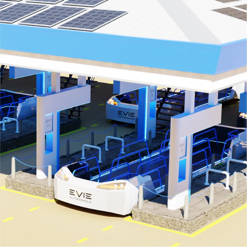 An EVIE pod pulling into a solar-canopied charging and boarding station