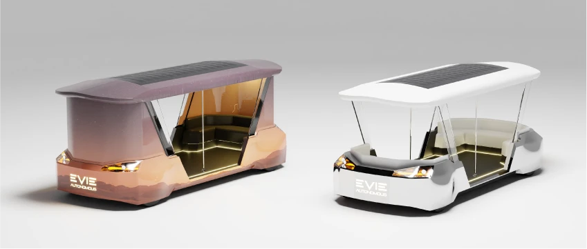 Two EVIE pods side by side — a bronze bodied concept and a glass-roofed variant