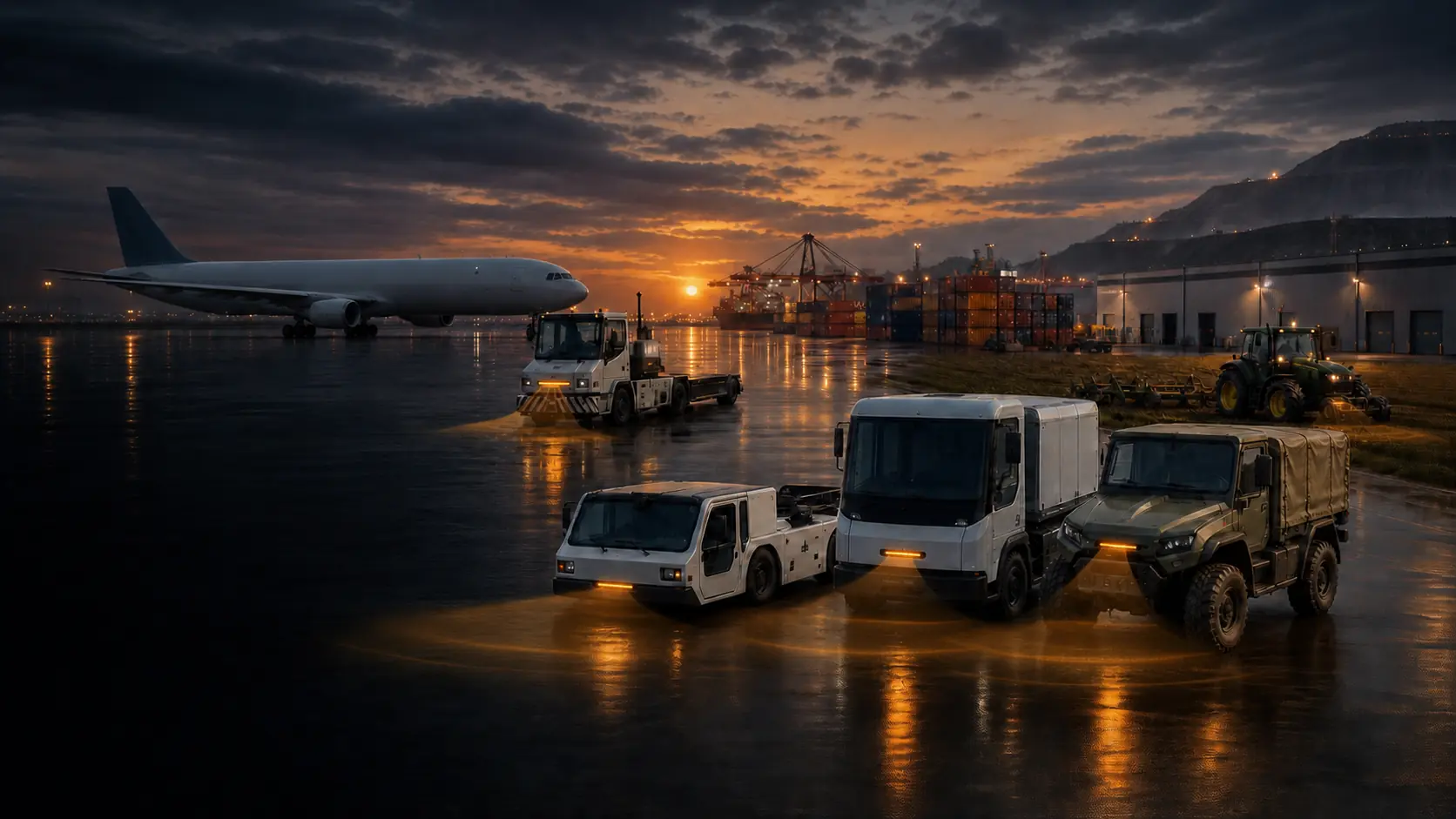 Autonomous airside tugs, a haulage truck and an agricultural tractor working together at dusk