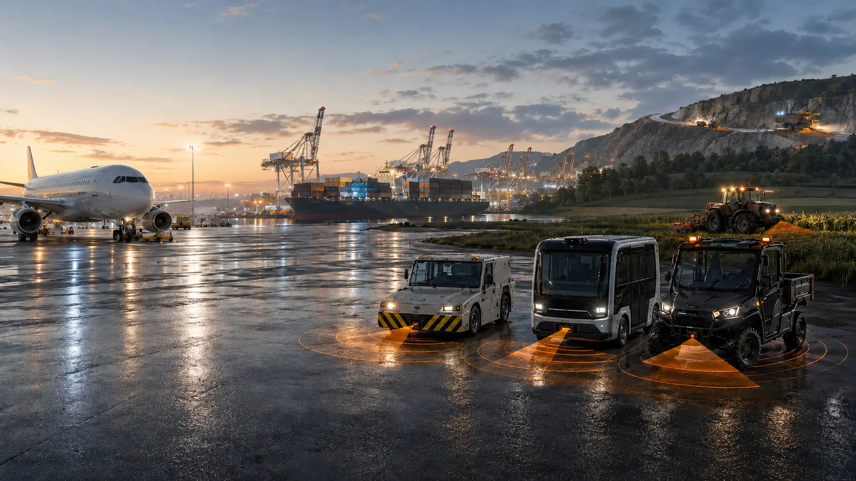 Autonomous airside tugs, a haulage truck and an agricultural tractor working together at dusk