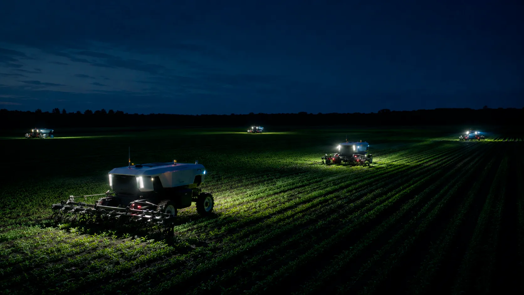 A fleet of autonomous machines working a field through the night, lit by their own work lights