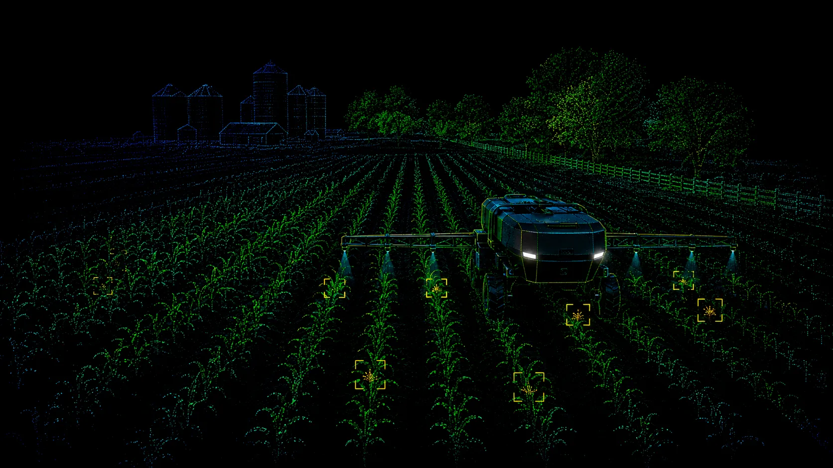 A point-cloud view of an autonomous sprayer working a corn field at night, individual weeds picked out by detection boxes