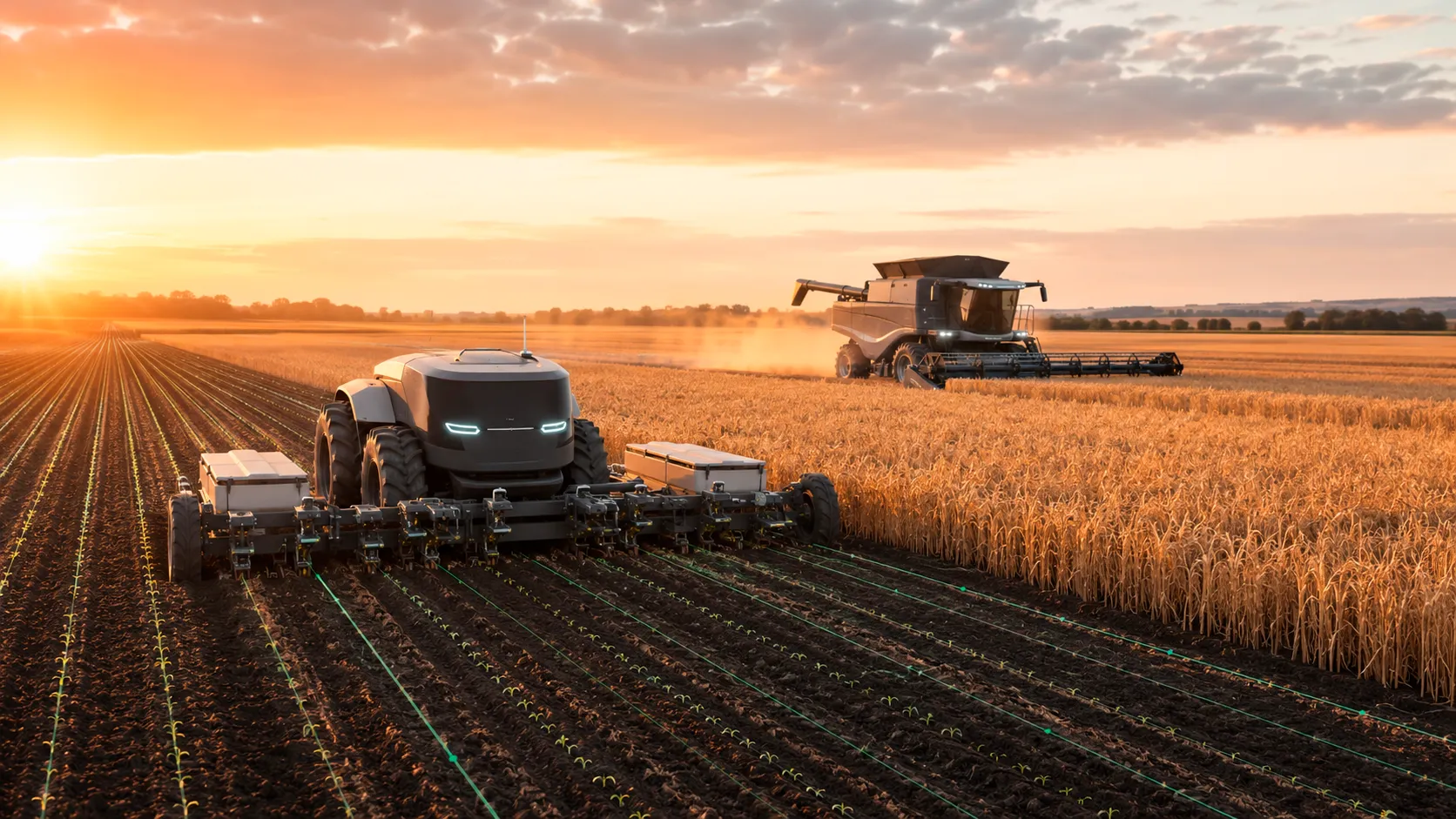 An autonomous planter drilling seed at sunset while a combine harvests the standing crop alongside