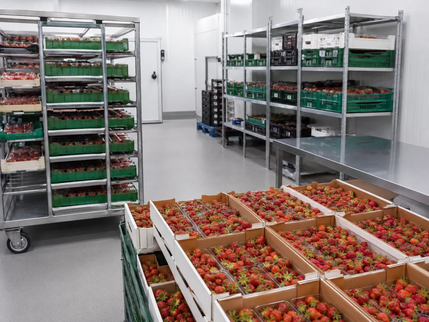 Trays of picked strawberries stacked in a chilled packing room